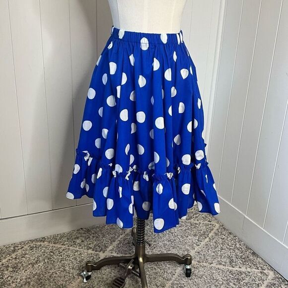 Vintage Pitchfork Brand Women’s Medium Blue White Swing Midi Skirt Ruffled Hem - Picture 1 of 10